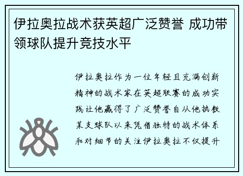 伊拉奥拉战术获英超广泛赞誉 成功带领球队提升竞技水平 伊拉奥拉战术获英超广泛赞誉 成功带领球队提升竞技水平